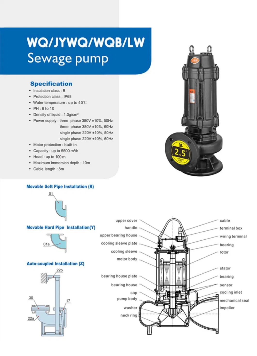 Submersible Sewage 1HP to 200HP Cast Iron Wq Series Water Pump